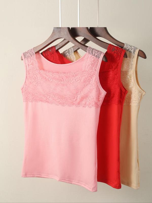 Women's Contrast Lace Tank Top,  Women's Nightwear, Summer Tops, Casual Comfortable Breathable Seamless Sleeveless Top for Summer, Tank Tops for Women