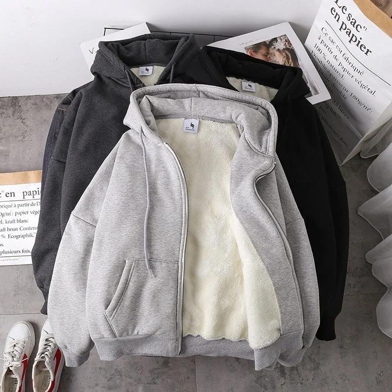 Women's Plush Winter Jacket - Solid Color Velvet Coat with Hood, Comfortable Soft Sweatshirt with Zipper for Casual Long Sleeve Womenswear