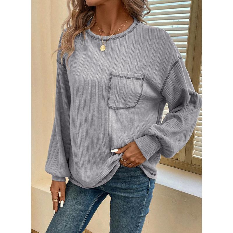 Dokotoo Long Sleeve Shirts for Women 2024 Casual Solid Crewneck Knitted Loose Fit Pullover Shirts Tops