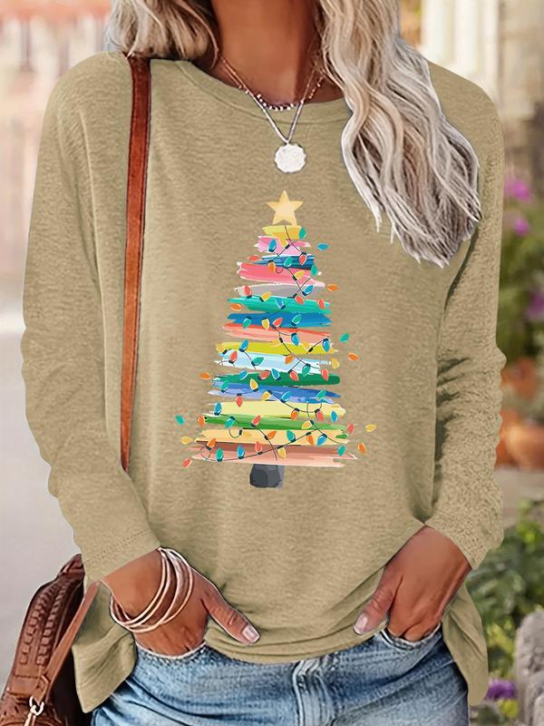 Women's Christmas Tree Print Drop Shoulder T-shirt, Casual Long Sleeve Round Neck Pullover for Fall & Winter, Ladies Clothes for Daily Wear