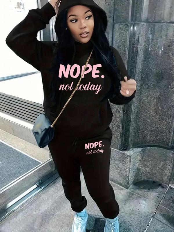  Two-Piece Set Letter Print Sweatshirt & Drawstring Waist Sweatpants Set, Casual Long Sleeve Hooded Pullover & Jogger Pants, Women's Fall & Winter Clothes