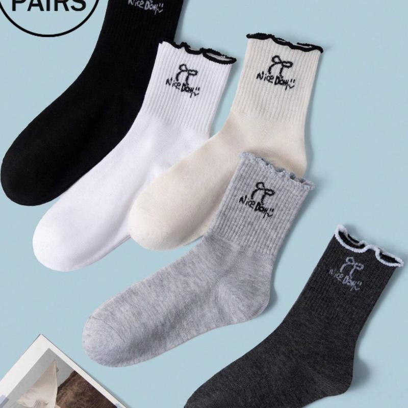 5prs Pack Cute Bow Accent Cartoon Patterned Mid-Calf Socks, Fashionable & Comfortable Long Socks For Women, Black White Gray