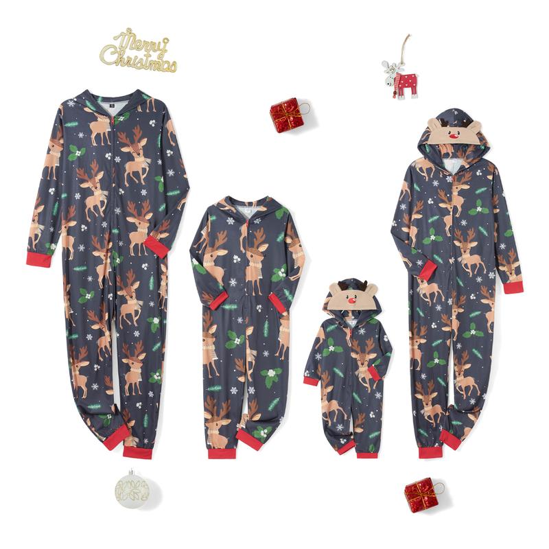 2024 New Cute Christmas Family Matching Jumpsuit Pajamas , Long Sleeve Hooded Elk Print Zipper Closure Homewear Sleepwear Loungewear Nightwear Xmas Pj's Clothes Womenswear Baby