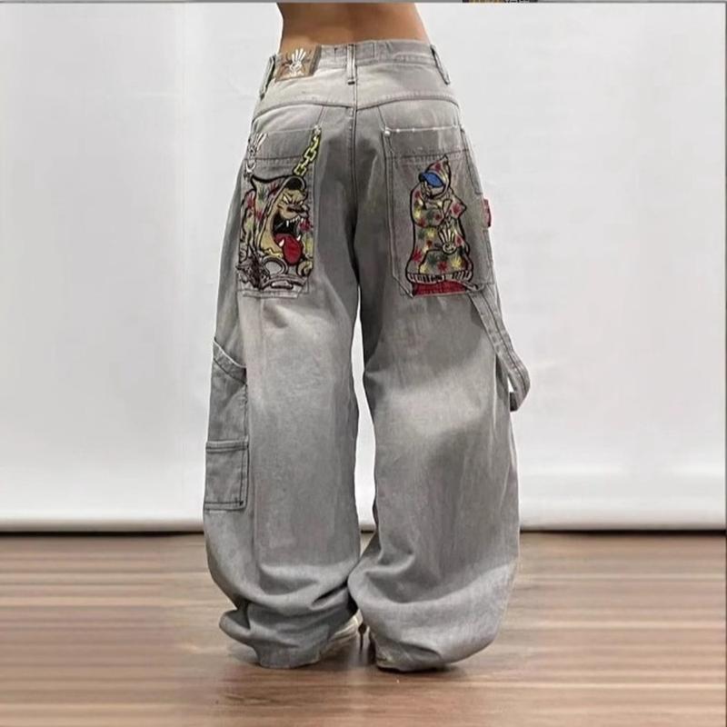 spring and autumn European and American trend street dark Gothic skull print jeans loose personality wide-leg trousers (copy)