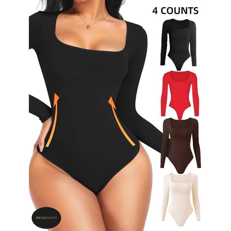 Women's Solid Square Neck Long Sleeve Shapewear Bodysuit, Fall Wear, Casual Comfy Tummy Control Butt Lift Shaper, Ladies Shapewear for Fall