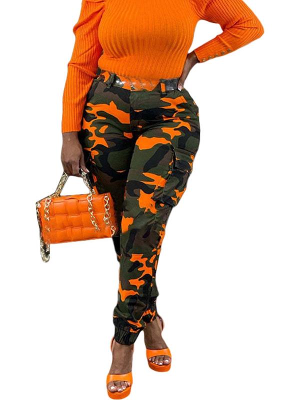 Women's Camo Print Button Fly Cargo Pants, Casual Pocket Design Trousers for Daily Wear, Ladies Bottoms for Fall & Winter