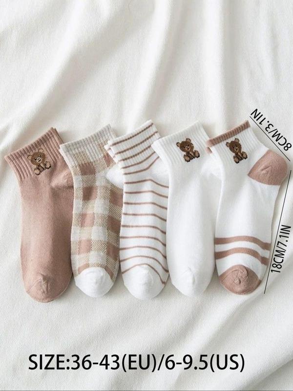 Women's 5 Pairs Plaid & Striped Print Ankle Socks, Cartoon Bear Print Low Cut Socks For Summer, Cozy Cute Fashion Socks For Daily Wear