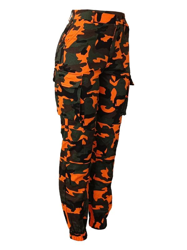 Women's Camo Print Button Fly Cargo Pants, Casual Pocket Design Trousers for Daily Wear, Ladies Bottoms for Fall & Winter