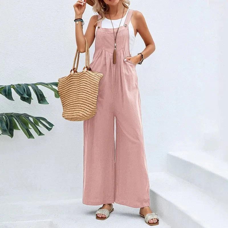 Casual Loose Jumpsuit Women Summer Solid Cotton Linen Straps Wide Leg Pants Dungaree Bib Overalls Sleeveless Oversized Jumpsuits Womenswear