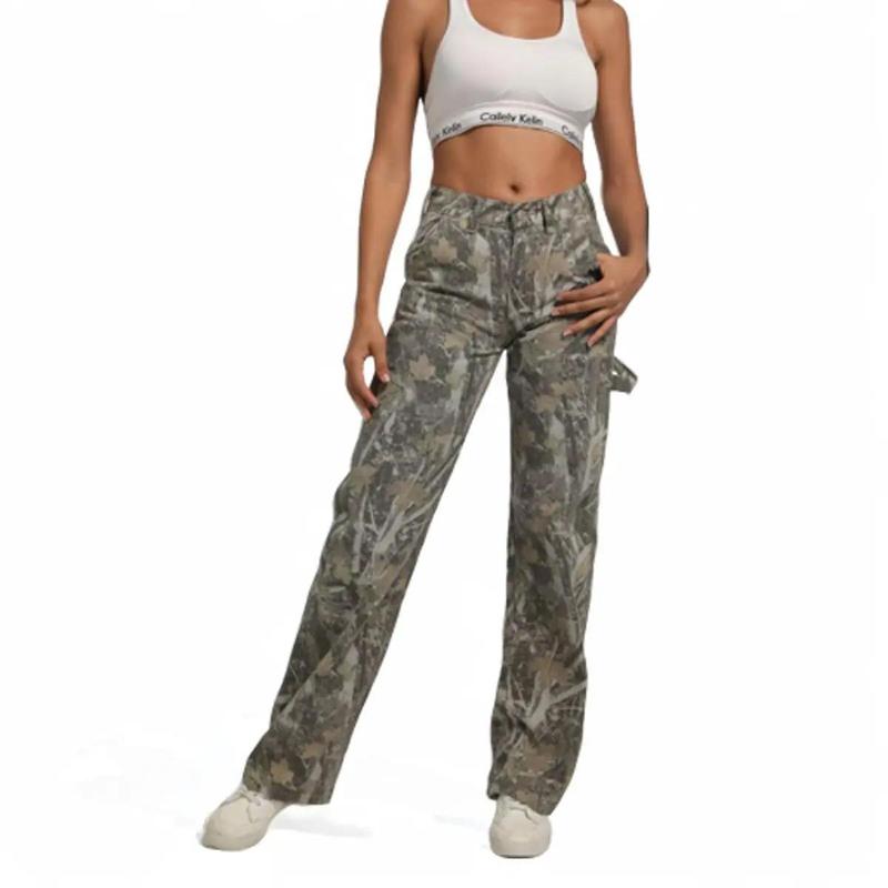 PINKYMOOR Women's Camouflage Overalls Straight Wide Leg Pants Casual Low Rise Camouflage Jogging Pants with Pockets