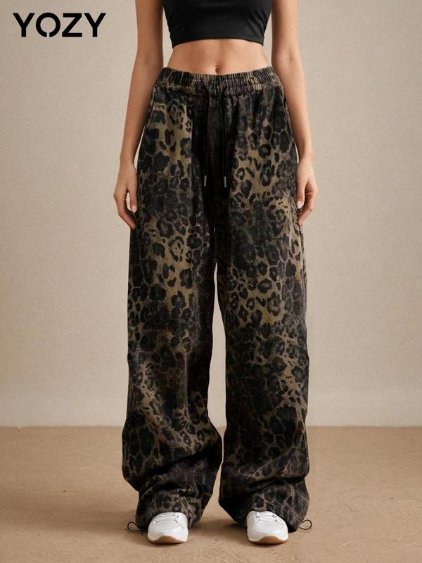 YOZY Leopard Print Drawstring Pocket Pants   Casual Elastic Waist Trousers, 2024 Women's Daily Wear for Summer