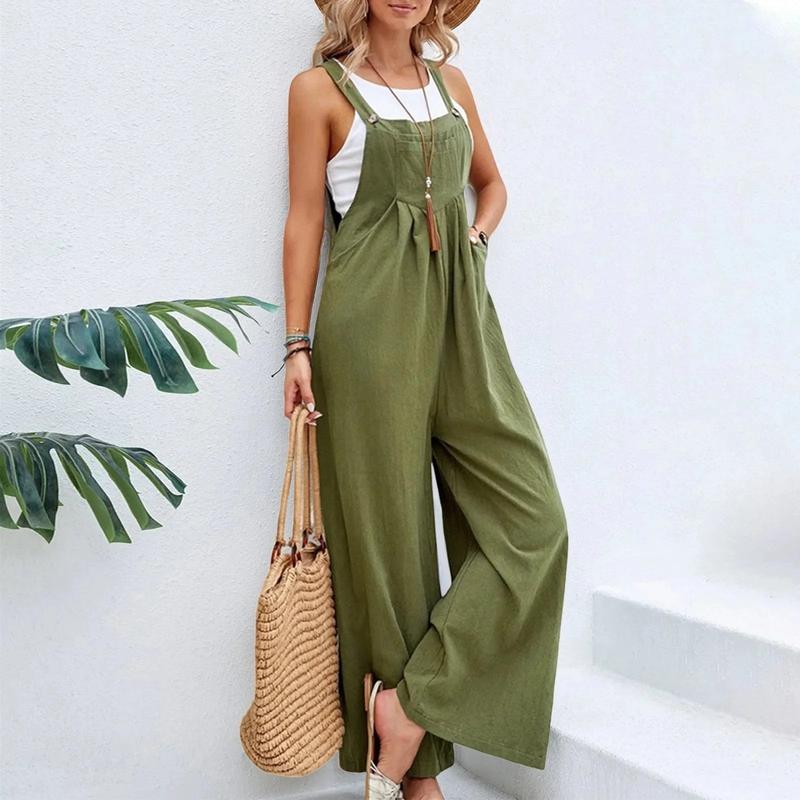 Casual Loose Jumpsuit Women Summer Solid Cotton Linen Straps Wide Leg Pants Dungaree Bib Overalls Sleeveless Oversized Jumpsuits Womenswear