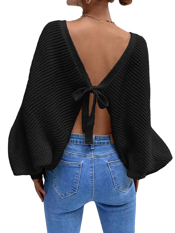 Backless Tie Back Long Sleeve Boat Neck Sweater Pullover TopsY2K