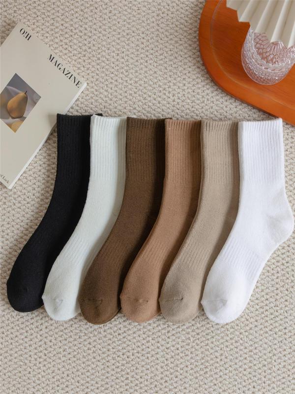 Women's 6 Pairs Solid Crew Socks, Socks for Women, Casual Fashion Basic Comfortable Breathable Anti-slip Mid-calf Socks for Daily Wear, Lady Socks & Hosiery, Ankle Stockings for Fall & Winter