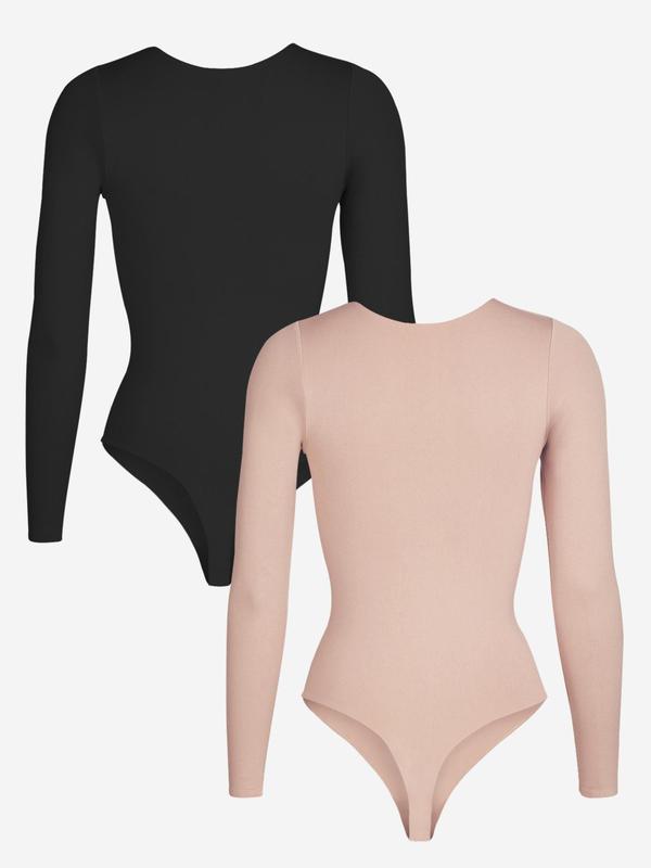 Women's Solid Color Long Sleeve Shapewear Bodysuit, Body Shapewear, Casual Comfy Breathable Waist Slimmer Round Neck Bodysuit Shaper for Daily Wear, Summer Wear 2024, Shapewear Tummy Control, Body Shapewear, Ladies Shapewear Clothes for Spring & Fall