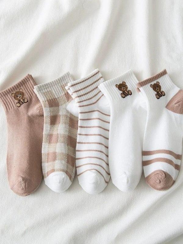 Women's 5 Pairs Plaid & Striped Print Ankle Socks, Cartoon Bear Print Low Cut Socks For Summer, Cozy Cute Fashion Socks For Daily Wear