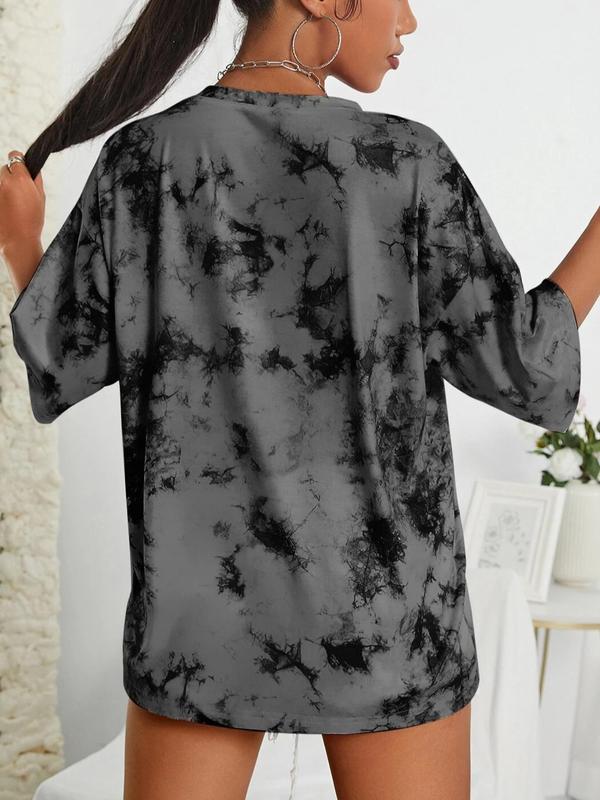  Tie Dye Print Drop Shoulder Tee, Fashion Casual Round Neck Half Sleeve T-shirt for Daily Outdoor Wear, Women Plus Clothing for Summer