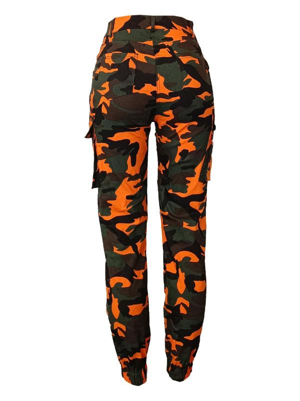 Women's Camo Print Button Fly Cargo Pants, Casual Pocket Design Trousers for Daily Wear, Ladies Bottoms for Fall & Winter