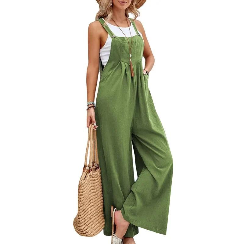 Casual Loose Jumpsuit Women Summer Solid Cotton Linen Straps Wide Leg Pants Dungaree Bib Overalls Sleeveless Oversized Jumpsuits Womenswear