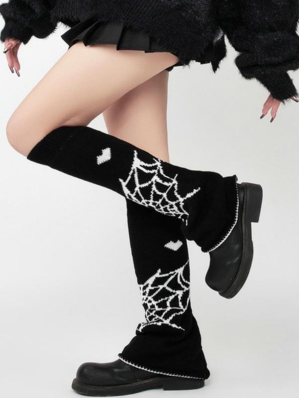 Women's Spider Web & Heart Pattern Leg Warmers, Street Y2K Style Soft Comfy Socks for Fall & Winter, Women's Socks for Daily Wear