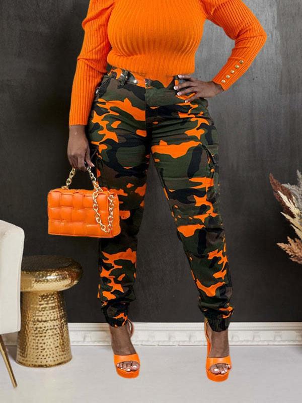 Women's Camo Print Button Fly Cargo Pants, Casual Pocket Design Trousers for Daily Wear, Ladies Bottoms for Fall & Winter