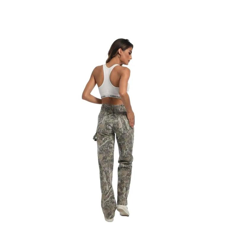 PINKYMOOR Women's Camouflage Overalls Straight Wide Leg Pants Casual Low Rise Camouflage Jogging Pants with Pockets