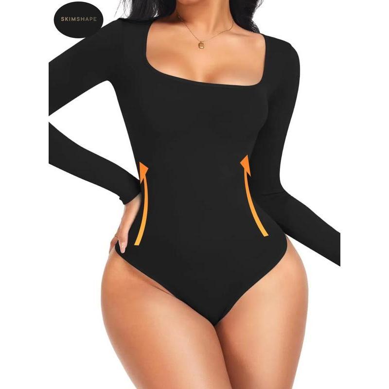 Women's Solid Square Neck Long Sleeve Shapewear Bodysuit, Fall Wear, Casual Comfy Tummy Control Butt Lift Shaper, Ladies Shapewear for Fall