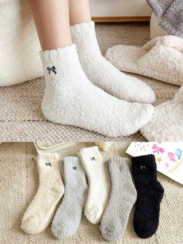 3pairs Women's Random Color Bow Fluffy Warm Fashion Socks, Suitable For Autumn Winter