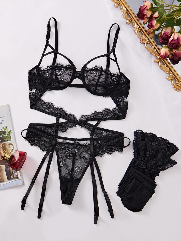 Women's Patchwork Print Sheer Lace Bra Thong & Garter Belt Three-Piece Set, Sexy Comfy Breathable Lingerie Set for Daily Wear, Women's Lingerie & Underwear for All Seasons