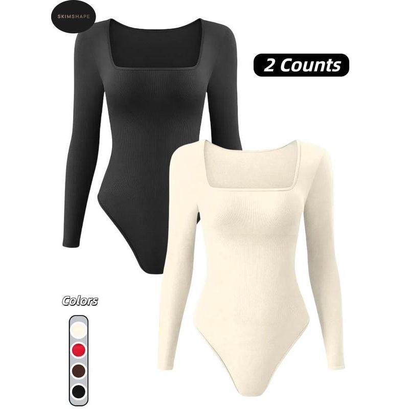 Women's Solid Square Neck Long Sleeve Shapewear Bodysuit, Fall Wear, Casual Comfy Tummy Control Butt Lift Shaper, Ladies Shapewear for Fall