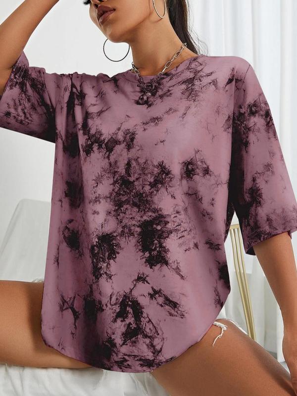  Tie Dye Print Drop Shoulder Tee, Fashion Casual Round Neck Half Sleeve T-shirt for Daily Outdoor Wear, Women Plus Clothing for Summer