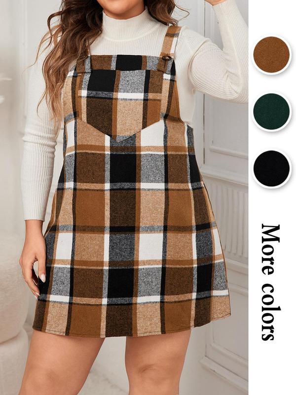 Plus Size Plaid Print Pocket Pinafore Dress, Casual Button Straps Overall Dress for Fall, Birthday Dress for Women, Plus Size Women's Clothing for Daily Wear Sleeveless