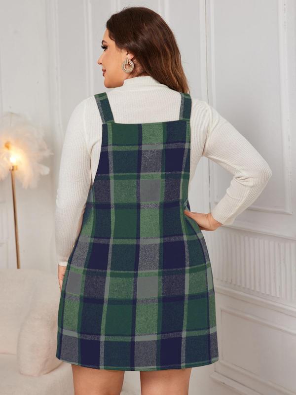 Plus Size Plaid Print Pocket Pinafore Dress, Casual Button Straps Overall Dress for Fall, Birthday Dress for Women, Plus Size Women's Clothing for Daily Wear Sleeveless