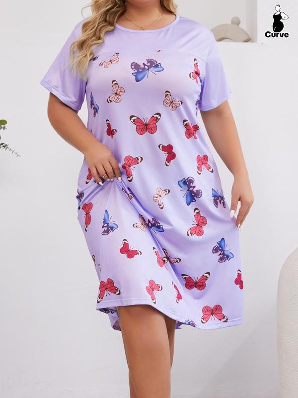 Plus Size All Over Print Round Neck Nightdress, Casual Soft Comfortable Short Sleeve Nightgown, Women's Sleepwear for Summer