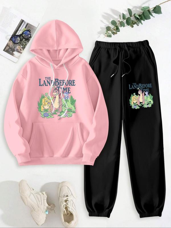 Women's Cartoon Dinosaur Print Drop Shoulder Hoodie & Drawstring Waist Sweatpants Two-piece Set, Fashion Casual Hooded Sweatshirt & Pocket Trousers for Daily Outdoor Wear, Women Clothes for Fall & Winter