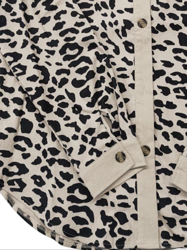 Women's Leopard Print Button Front Drop Shoulder Shirt, Casual Long Sleeve Collared Top for Fall & Winter, Women's Clothes for Daily Wear