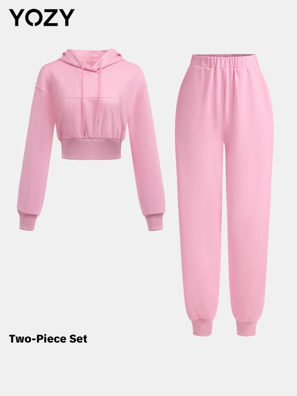 YOZY Two-piece Set Women's Plain Drawstring Pocket Crop Hoodie & Elastic Waist Sweatpants, Casual Fashion Cozy Breathable Two Piece Outfits for Daily Outdoor Wear, Ladies Clothes for All Seasons