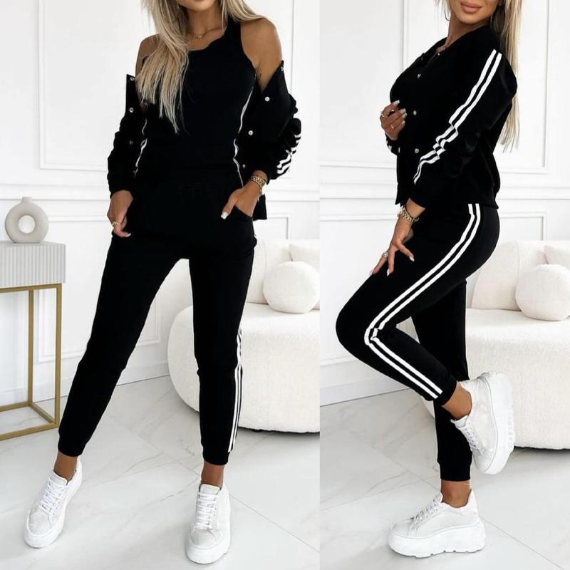 ChicMe Women's 3 Piece Outfits Matching Sets Striped Tape Patch Tank Tops Button Front Jacket Cuffed Pants with Pockets Tracksuit Comfort Womenswear