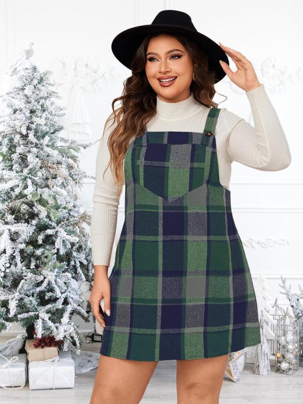 Plus Size Plaid Print Pocket Pinafore Dress, Casual Button Straps Overall Dress for Fall, Birthday Dress for Women, Plus Size Women's Clothing for Daily Wear Sleeveless