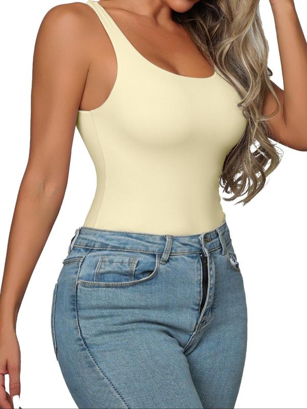 Women's Solid Round Neck Sports Tank Bodysuit, Casual Sleeveless Bodycon Bodysuit for Daily Wear, Ladies Sportswear for All Seasons