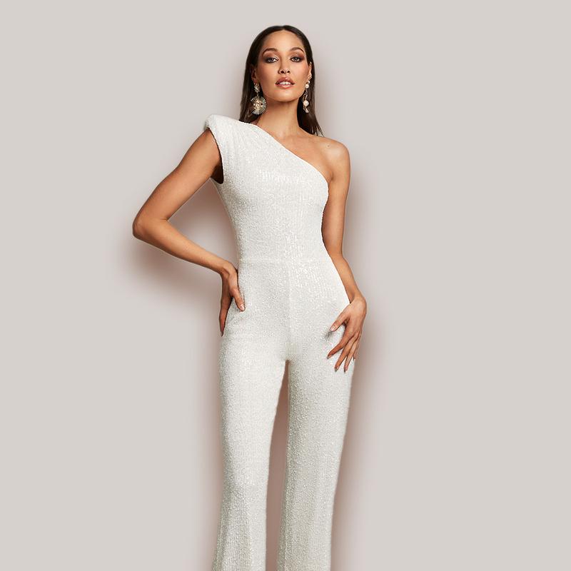 2024 New European and American Women's Clothing Jumpsuit Women's Summer Ins Sleeveless One-Shoulder Sequined Jumpsuit