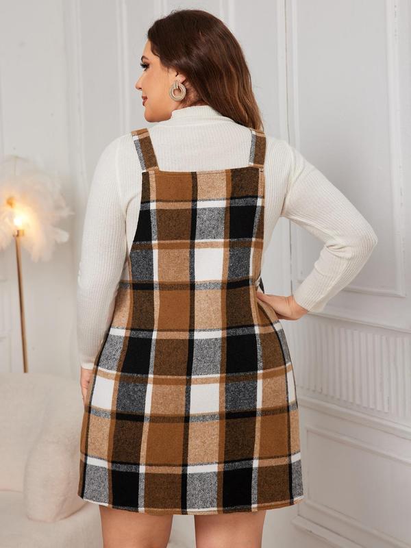 Plus Size Plaid Print Pocket Pinafore Dress, Casual Button Straps Overall Dress for Fall, Birthday Dress for Women, Plus Size Women's Clothing for Daily Wear Sleeveless