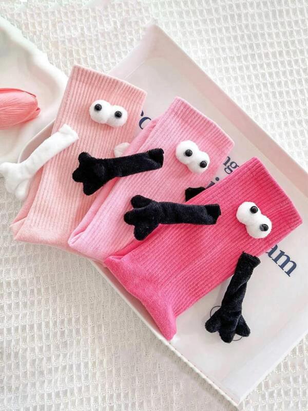 LGBTQ+ Women's 3 Pairs Cartoon Eyes & Hands Design Crew Socks, Cute Fashion Casual Cozy Socks for Daily Outdoor Wear, Women Socks for All Seasons