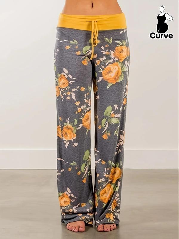 Women's Floral Print Drawstring Waist Wide Leg Pants, Boho Casual Comfy Contrast Binding Trousers for Daily Wear, Women's Bottoms for Spring & Fall