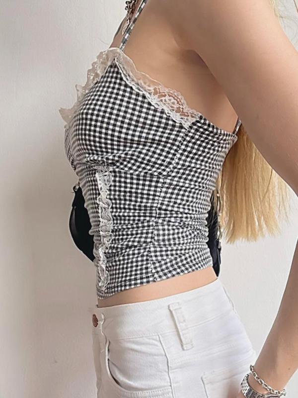 Women's Gingham Print Contrast Lace Crop Cami Top, Casual Spaghetti Strap Top for Summer, Ladies Clothes for Daily Wear