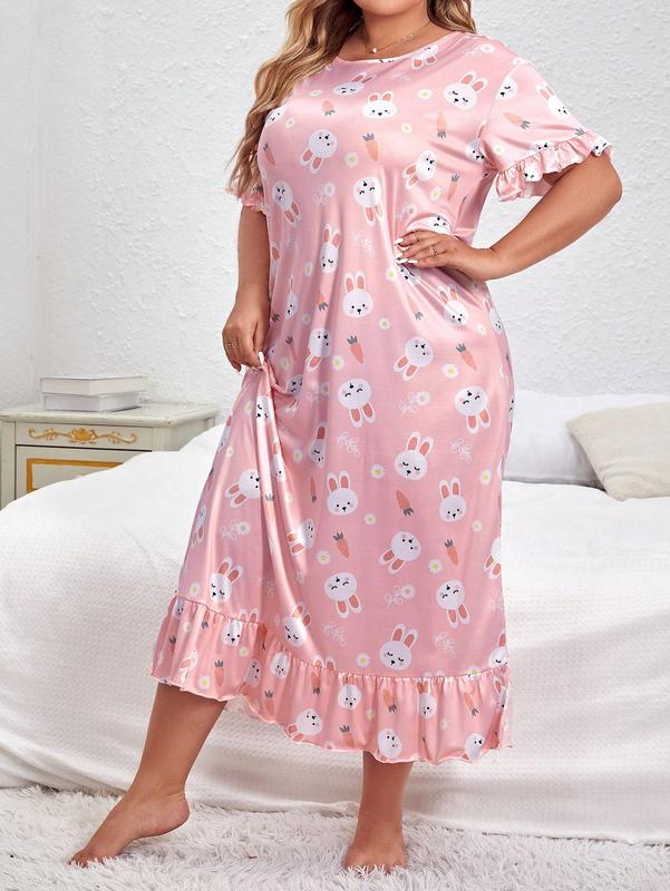 Plus size rabbit printed loose fitting dress, cute and sexy women's pajamas, comfortable and casual short sleeved ruffled edge pajamas, suitable for daily home wear, 2024 summer clothing, plus size clothing