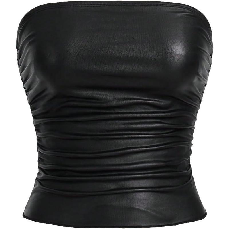 PU Leather Ruched Tube Top Strapless Party Clubwear Tops Going Out StreetwearY2K