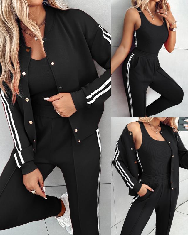 ChicMe Women's 3 Piece Outfits Matching Sets Striped Tape Patch Tank Tops Button Front Jacket Cuffed Pants with Pockets Tracksuit Comfort Womenswear