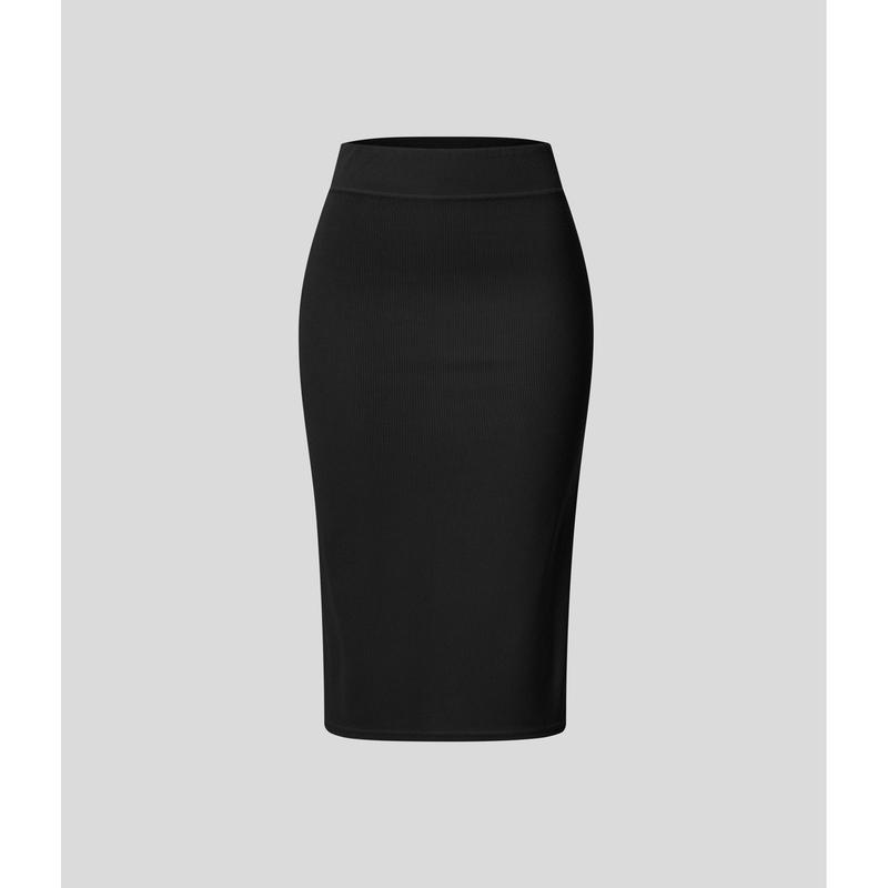 Ribbed High Waisted Split Bodycon Midi Casual Skirt