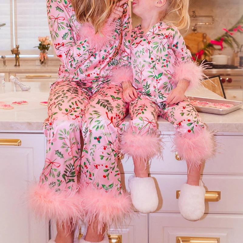 Imcute Mommy and Me Matching Pajamas Christmas Feather Trim Pajama Set 2 Piece Shirt Pants Sleep Sets for Mother Daughter